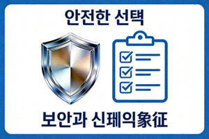 안전한 선택을 상징하는 방패와 체크리스트 아이콘 그래픽