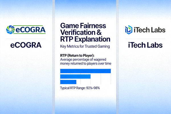 eCOGRA, iTech Labs 등 게임 공정성 검증 기관의 로고와 RTP 수치를 설명하는 인포그래픽 이미지