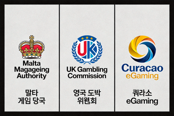 말타 게임 당국, 영국 도박 위원회, 퀴라소 eGaming 등 주요 해외 배팅 라이선스 발급 기관의 로고를 비교展示하는 이미지
