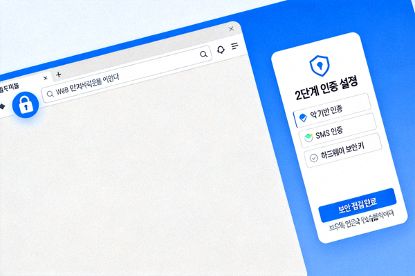 웹 브라우저 주소창의 자물쇠 아이콘과 2단계 인증 설정 화면을 보여주는 보안 점검 가이드 이미지