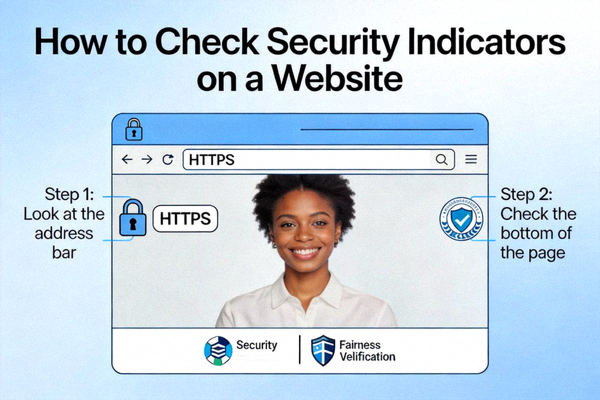 웹 브라우저 주소창의 자물쇠 아이콘과 HTTPS 표시, 그리고 사이트 하단의 보안 및 공정성 검증 로고들을 확인하는 방법을 보여주는 이미지