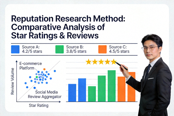 여러 개의 별점과 다양한 출처의 리뷰를 비교 분석하는 모습을 보여주는 평판 조사 방법 이미지