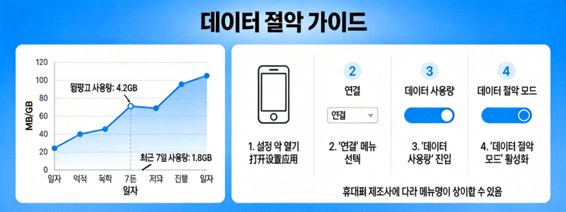데이터 사용량 그래프와 함께 스마트폰 설정에서 데이터 절약 옵션을 활성화하는 방법을 설명하는 인포그래픽