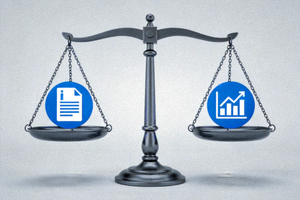 중립적인 정보 제공을 상징하는 저울과 정보 아이콘 그래픽