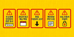 주의가 필요한 사이트의 5가지 위험 신호를 경고 표지판 형태로 나타낸 이미지
