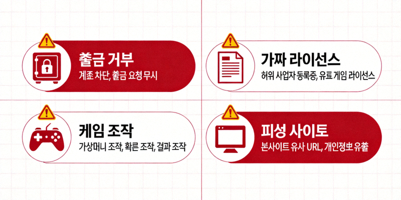 먹튀 사이트의 일반적인 사기 수법을 설명하는 인포그래픽 차트: 출금 거부, 가짜 라이선스, 게임 조작, 피싱 사이트