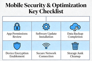 모바일 보안 및 최적화를 위한 핵심 체크리스트 항목들을 아이콘과 함께 시각화한 이미지