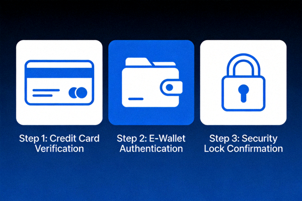 온라인에서 안전한 결제를 위해 신용카드, 전자지갑, 보안 자물쇠 아이콘을 확인하는 과정을 보여주는 그래픽