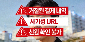 사기 사이트의 주요 위험 신호를 빨간색 경고 삼각형과 느낌표로 표현한 그래픽