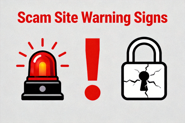 사기 사이트의 위험 신호를 경고등, 느낌표, 자물쇠 파손 등 아이콘으로 시각화한 이미지