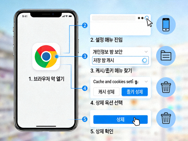스마트폰 브라우저 설정 메뉴에서 캐시와 쿠키를 찾아 삭제하는 단계별 화면 캡처 가이드