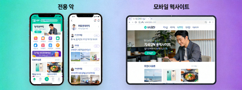 스마트폰 화면에서 전용 앱과 모바일 웹사이트의 인터페이스를 나란히 비교하여 보여주는 비교 이미지