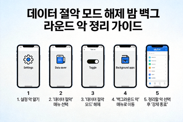 스마트폰 설정 화면에서 데이터 절약 모드를 해제하고 백그라운드 앱을 정리하는 방법을 보여주는 그래픽 가이드