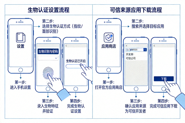 스마트폰에서 생체 인증을 설정하고 신뢰할 수 있는 출처에서만 앱을 다운로드하는 과정을 설명하는 일러스트레이션