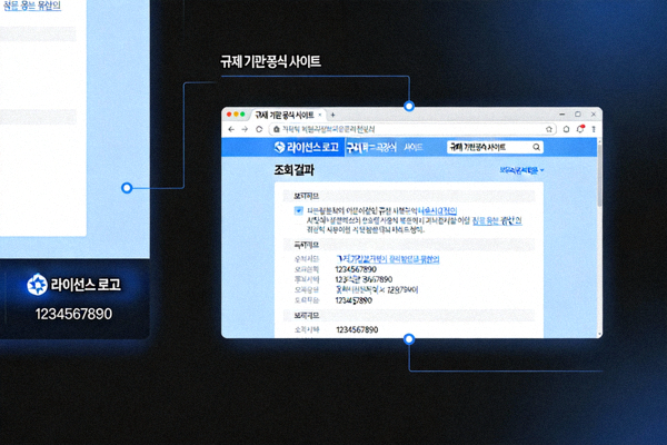 웹사이트 하단의 라이선스 로고와 번호를 확인하고, 규제 기관 공식 사이트에서 조회하는 과정을 보여주는 데모 이미지